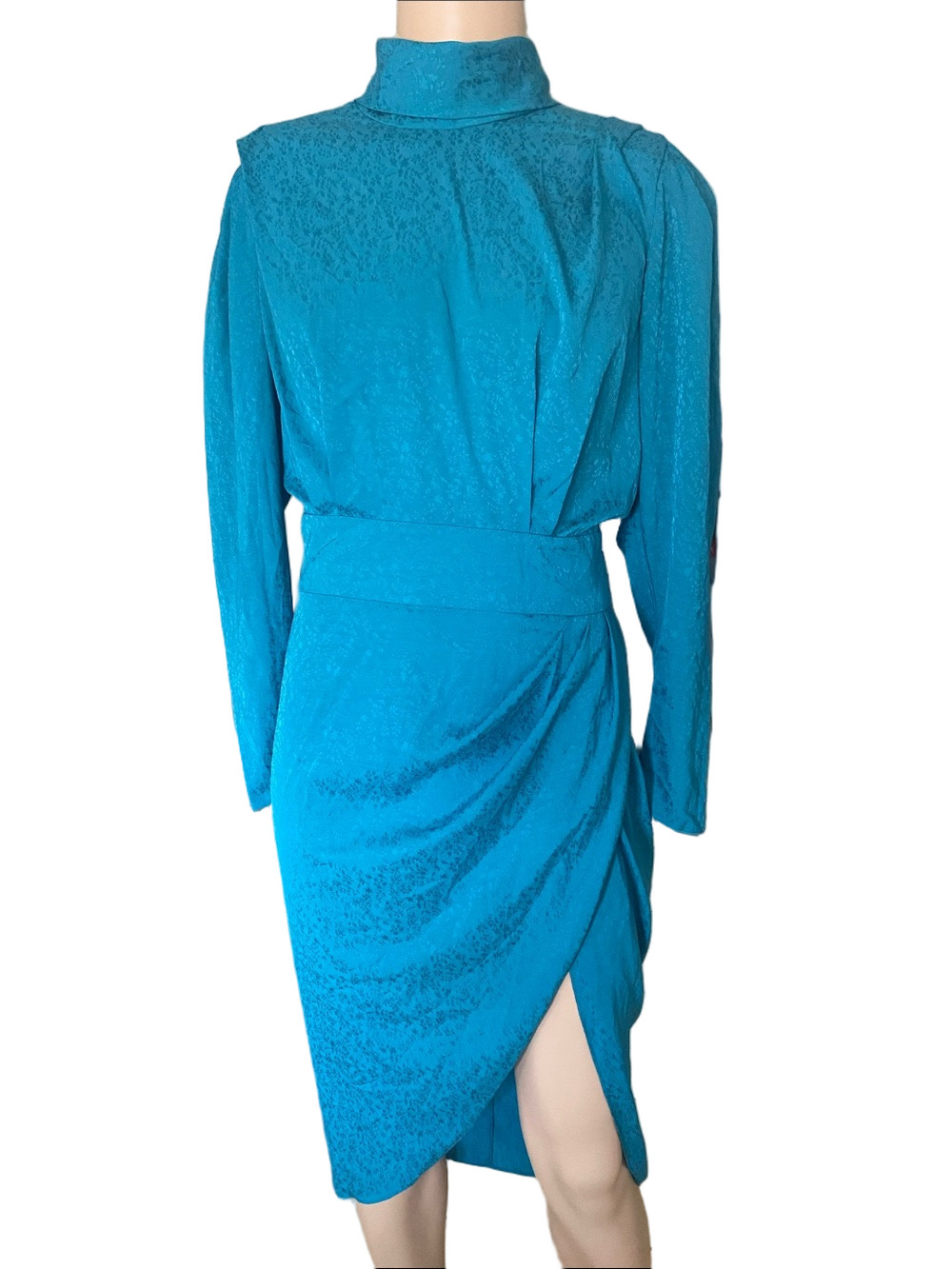 Ronny Kobo Collection Teal High-Neck Long Sleeve Sheath Dress with Side Drape